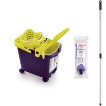 Mery - Set Cubo con Fregona y Palo, Cubo Escurridor automático con Ruedas y Cubeta Multiusos Morado y Lima, 14 l, Fregona Microfibra Absorbente,