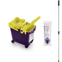 Mery - Set Eimer mit Mopp und Stiel, Automatischer Abtropfeimer mit Rädern und Mehrzweckeimer Lila und Feile, 14 l, saugfähiger Mikrofasermopp,