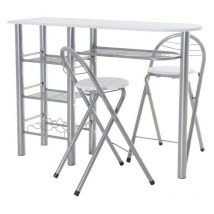 Dupi - Mesa Alta de Cocina Office Estilo Contemporáneo en Blanco y Plata con 2 Taburetes Plegables 40x88x120 cm