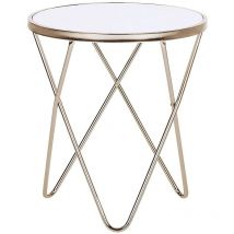 Mesa auxiliar tablero de cristal templado blanco patas de horquilla de metal dorado forma redonda Meridian ii