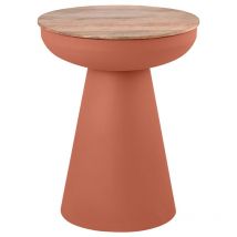Mesa auxiliar redonda diseño con almacenamiento en metal tierra quemada y madera maciza de mango H52 cm TAM