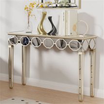 Mesa Consola de Espejo Cristal Entrada: Mesa Auxiliar de Vidrio Plateado Moderno Ovalado para Salón Pasillo Recibidor, 120 x 35 x 76 cm