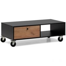 Mesa de Centro 110x55x38 negro y roble, con cajón, balda abierta y ruedas industriales