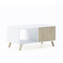 Skraut Home - Mesa de centro con puertas, salón comedor, Modelo wind, color estructura Blanco, color puertas Roble, medidas 92x50x45cm de altura.