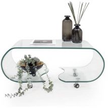 Homely - Mesa de centro con ruedas y cristal curvado de una pieza coffee transparente de 90x50x38 cm