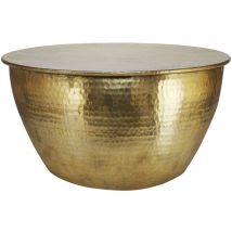 Womo-design - Mesa de Centro Hecha a Mano Estilo Oriental Redonda ø 59x30,5cm Dorada de Aluminio, Mesita para Salón Diseño Martillado Plano de Metal,