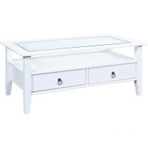 Inter Link - Mesa de centro de pino con tapa de cristal y 2 cajones teñidos de blanco
