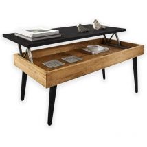 Mesa de centro elevable con cajón, Estilo escandinavo, Acabado encerado y negro, Madera maciza pino 100% natural
