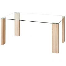 Homely - Mesa de comedor rosset sobre de cristal templado y patas de metal color roble de 140x90 cm