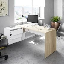 Dimaplast - Mesa de escritorio Office Buc Blanco Artik (Blanco Mate) - Roble Canadian 145cm (ancho) x 73cm (alto)