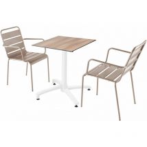 Oviala - Mesa de jardín en laminado de roble oscuro y 2 sillones color topo - Topo