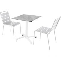 Mesa de jardín de mármol laminado y conjunto de 2 sillas blancas - Blanco