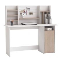 M&s - Mesa de Ordenador Escritorio con altillo 135cm. Blanco y Roble. para habitación Juvenil, Estudio, despacho.
