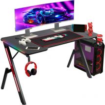 Todeco - Mesa Gaming 140cm × 60cm, Ergonómico Mesa Gamer con led, Escritorio Gaming con Tablero de Fibra de Carbono, con Portavasos y Gancho para