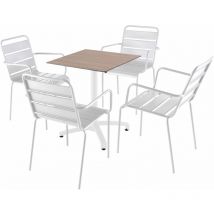 Mesa de 60x60 cm en laminado roble claro y 4 sillas de metal blanco