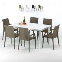 Grand Soleil - Mesa Rectangular Blanca 150x90 cm y 6 Sillas De Colores Bistrot Arm Summerlife - Marrón