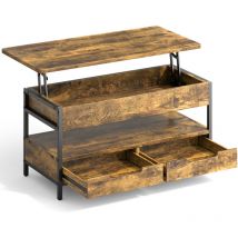 Bealife - Mesas de Centro Levantable Mesa de Salón con Tablero Levantable 2 Cajones 1 Compartimento Abierto y 1 Compartimento Oculto Marrón