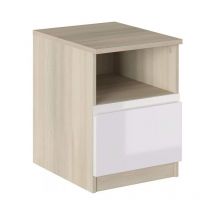 Abitare - Mesita de noche 40x44,5x53,5 cm blanco brillo y roble con un cajón y un compartimento - Cosenza
