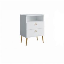 Mesita de Noche con 2 Cajones y Nicho - Blanco Alpino y Patas de Metal Dorado - Colección Aurora