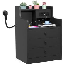 Mesita de noche, con 3 cajones, mesa de noche de madera, 2 enchufes AC, 2 puertos USB, moderno, negro, para sala de estar, dormitorio, oficina, 45 x