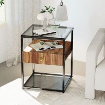 Unho - Mesita de Noche de Cristal y Madera, Mesillas Auxiliar con Cajón para Sofá Salón Dormitorio
