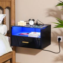 Chleby - Mesita de Noche Flotante,, Mesillas Dormitorio con Enchufe y Tiras de luz, 2 Tomas ca, 2 Puertos usb, Mesa de Noche con Cajón para