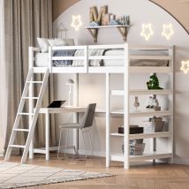Cama alta infantil 90x200 cm, litera con escritorio, cuatro estantes, con escalera y barandilla, madera maciza, color blanco