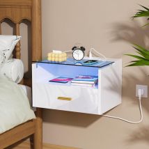 Chleby - Mesitas de Noche Flotantes, Set de 2, Mesita de Noche led, 16 Colores led, Mesa de Noche con Cajón y Estante Abierto, 2 Tomas ca, 2 Puertos