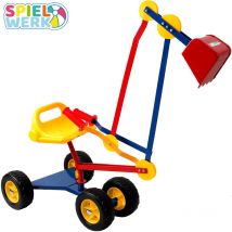 SPIELWERK Children's Excavator Seat 360 Degree Rotatable Dump Bucket Tire Sandpit Metal Sand Digger Swivel Grip Garden Toy Yellow Blue Red Wheels