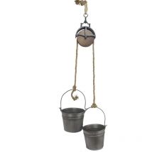 Metalleimer mit Umlenkrolle Deko Set Silber Grau MB27 Seil Dekoration Pflanztopf Pflanzen Blumentopf Kübel Seilwinde Wassereimer
