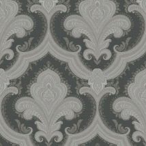 Design Id - Metallic Damask Wallpaper Silver Black Textured Traditional Vinyl