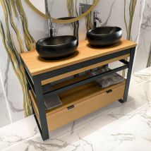 Meuble 120 cm en chêne naturel et métal noir, plan bois et tiroir - iron