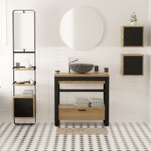 Meuble salle de bain 90 cm en chêne naturel et métal noir, plan en bois et tiroir - IRON