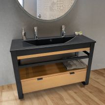 Meuble salle de bain 120 cm en chêne naturel et métal noir, plan vasque noir et tiroir - IRON