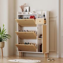Dans Les Nuages - Meuble à chaussures 90 cm avec 3 portes abattants en rotin porte et un tiroir, pour jusqu'à 20 paires de chaussures, Blanc