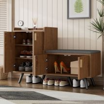 Schuhschrank mit Holzmaserung, 4 Türen und asymmetrischen Metallgriffen, dunkles Holz, 120x34x83 cm