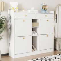 Meuble à chaussures blanc avec 4 portes battantes, 2 tiroirs et 3 compartiments ouverts pour les couloirs et les entrées modernes