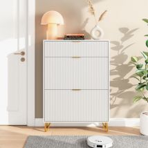 Fortuna Lai - Meuble à Chaussures Design Moderne – 3 Abattants, Rangement Fonctionnel et Sécurisé, Pieds Dorés, 80 cm x 24 cm x 118.5 cm – Blanc