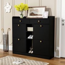 Meuble à chaussures noir avec 4 portes battantes, 2 tiroirs et 3 compartiments ouverts pour les couloirs et les entrées modernes