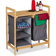 Relaxdays - Meuble à linge, bac extensible, 3 compartiments, 1 étagère, bambou et polyester, nature et gris