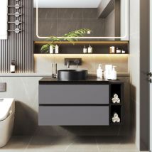 Meuble avec vasque simple 80 cm - avec évier en céramique, avec 2 tiroirs, Meuble De Salle De Bain Suspendu, design moderne - Noir+Gris