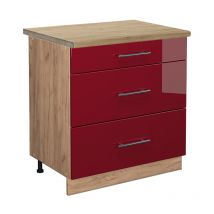 Vicco - Meuble cuisine Fame-Line, Rouge bordeaux Haute brillance, 80 cm avec 3 tiroirs, pt Chêne