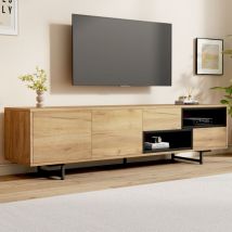 Meuble bas pour tv, fonctions de rangement multiples, panneaux de particules couleur bois, rangement ouvert avec compartiments échelle, peut