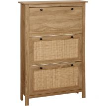 Meuble à chaussures 3 portes abattants dim. 80L x 23,5L x 121,5H cm aspect bois effet cannage rotin