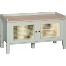 Homcom - Meuble chaussures banc à chaussures 2 en 1 style bohème chic 2 portes étagère réglable - mdf vert d'eau aspect chêne clair rotin