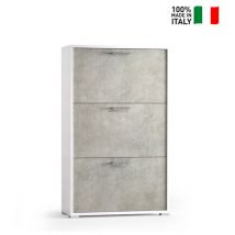 Étagère à chaussures à trois portes pouvant accueillir jusqu'à neuf paires de chaussures blanches avec portes en béton