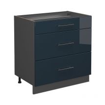 Meuble cuisine Fame-Line, Bleu foncé brillant, 80 cm avec 3 tiroirs, pt Chêne Vicco