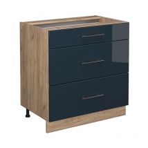 Meuble cuisine Fame-Line, Bleu foncé brillant, 80 cm avec 3 tiroirs, sans plan de travail Vicco