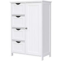 Acaza - Buffet De Salle De Bain En Bois Avec 4 Tiroirs, Porte D'Armoire, Étagère Réglable, Salon, Cuisine, Couloir, Profond, Pose Libre, Blanc