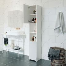 Mondeer – Meuble De Rangement Salle De Bain Blanc – Armoire Colonne Haute 183,5 Cm – 2 Portes Brillantes – Étagères Réglables – Panneau De Particules 